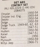 Ignition Contact Points Set; Bw Shurhit A-85, Fits Vehicles; 1947-1971. Fixed Price $14.95.
